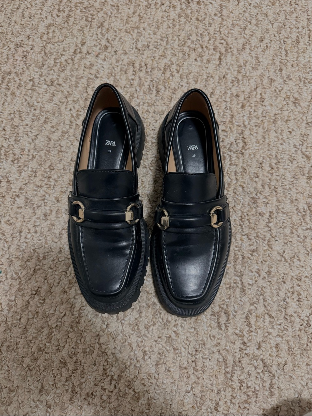 Zara Lug Sole Loafers with Gold Buckle